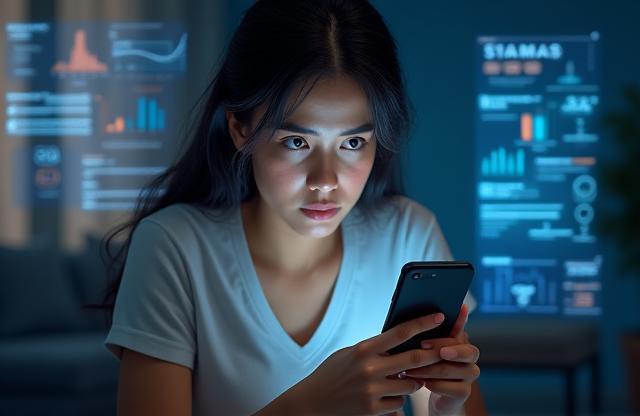 Person looking thoughtfully at different phone screens and data charts, illustrating the confusion around mobile plans.